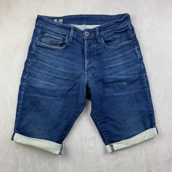 G Star Raw Men Jean Shorts 30 Blue Denim 3301 1/2 Button Fly Medium Wash Stretch - Picture 1 of 11